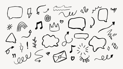Set of hand drawn doodle line elements, heart, speech bubble, arrows, chat. 