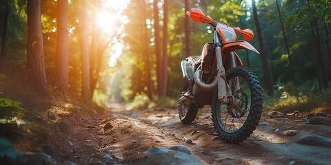 Motorcycle in the forest, copy space
