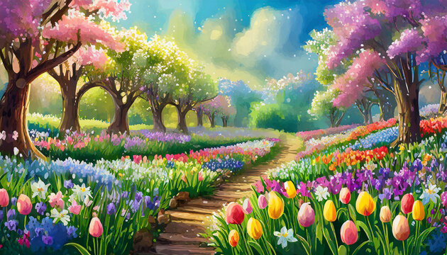 Springtime Easter garden scene with rows of blooming flowers art design