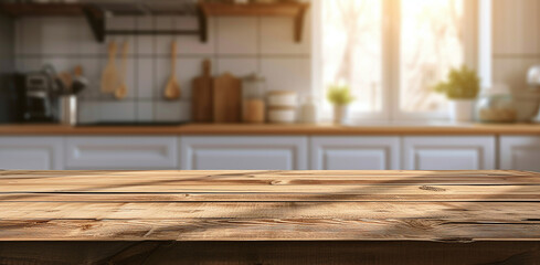 empty wooden tabletop on blurred background of light kitchen