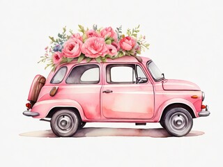 Little pink retro car with flowers on top. Illustration in watercolor style for greeting cards - obrazy, fototapety, plakaty