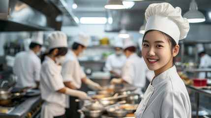 Young Asian female cook in commercial restaurant kitchen, team of chefs in the background