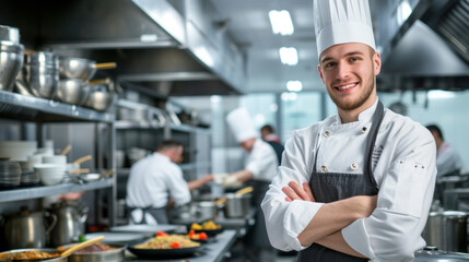 Fototapeta na wymiar Smiling Caucasian male chef in commercial restaurant kitchen, hands crossed