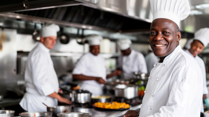 Fototapeta na wymiar Smiling African American chef in restaurant kitchen