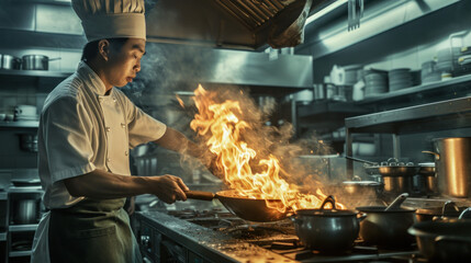 Asian chef is cooking with fire in professional restaurant kitchen - obrazy, fototapety, plakaty