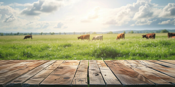 Empty wooden table top with grass field and cows background
