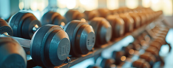 dumbbells on a rack in the fitness room and gym