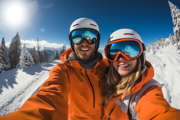 Fototapeta na wymiar Happy couple skiing, taking snowy selfie on mountain. Joyful winter moment captured