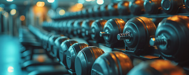 dumbbells on a rack in the fitness room and gym - obrazy, fototapety, plakaty