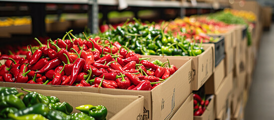 Distributed peppers in boxes in warehouse