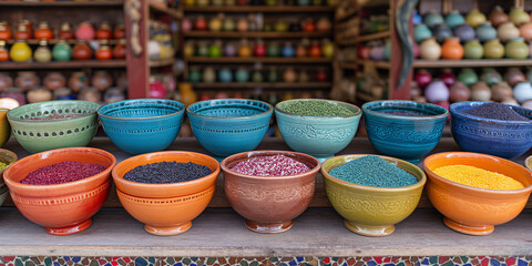 Vibrant market displaying a variety of colorful bowls with tropical scents. generative AI