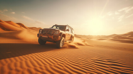Fototapeta na wymiar Off-road driving fast in the desert bashing sand dunes.