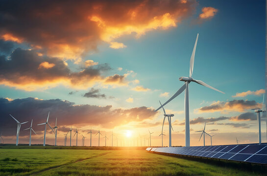 Modern Wind turbines and solar panels sunset light.Wind turbines at sunset. Alternative energy source. Renewable energy.