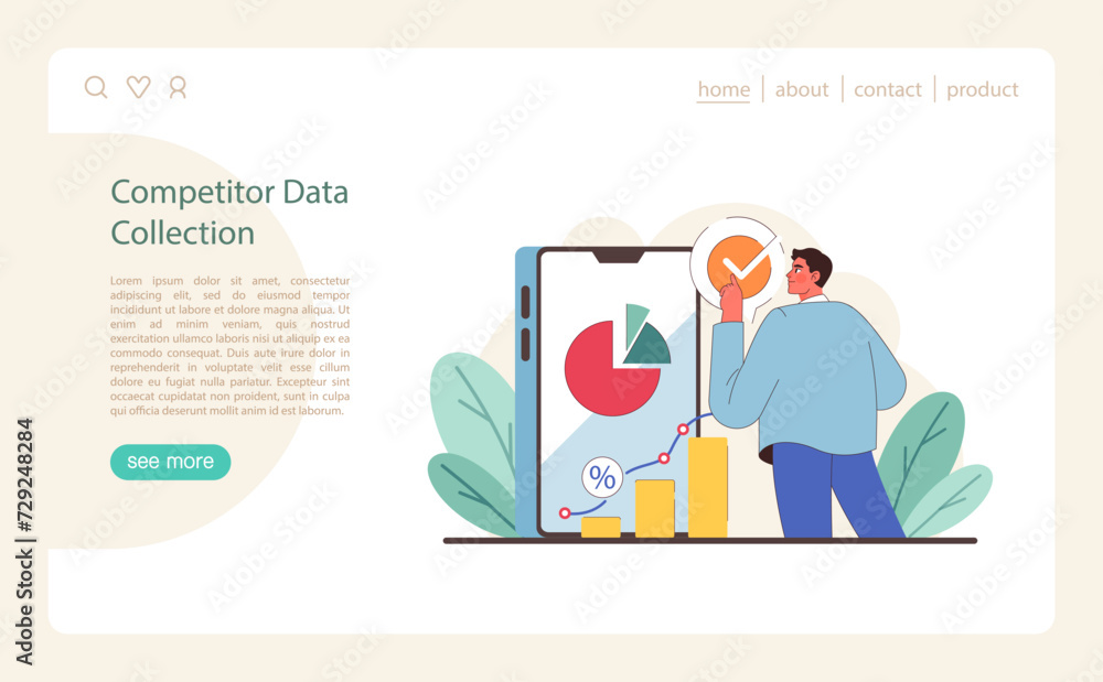 Poster competitor data collection concept. a marketer analyzes market share and performance metrics on a di