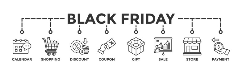 Black friday banner web icon vector illustration concept with icon of calendar, shopping, discount, coupon, gift, sale, store, payment