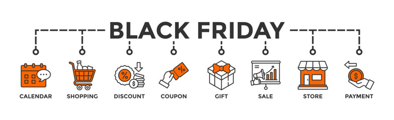 Black friday banner web icon vector illustration concept with icon of calendar, shopping, discount, coupon, gift, sale, store, payment