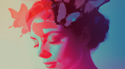 Trendy fashion magazine cover with a woman with butterflies on head and face. Pop art style. Modern Art. Generative AI