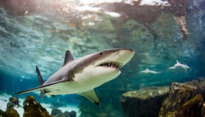 A giant shark under water, dangerous, sharp teeth