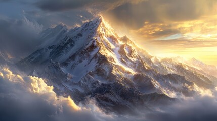 Glorious mountain panorama with snow-laden peaks, soft clouds, and the sun's rays breaking through, creating a captivating and immersive highland scene Generative AI