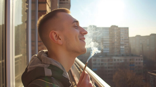 Young man smoking marijuana joint on balcony