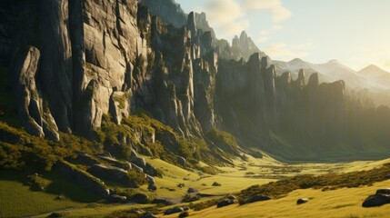 Golden sunlight casting long shadows over rocky cliffs and verdant meadows in a tranquil mountain...