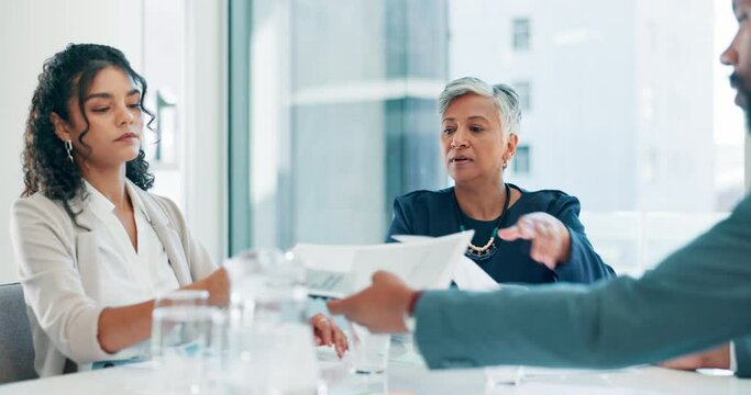 Meeting, contract and business people in office for b2b deal, financial or legal advice in interview. Paperwork, investment agreement and consultation at law firm with lawyer, advisor and client.