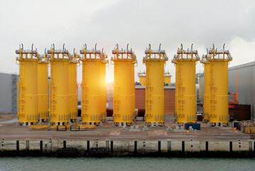 Offshore Wind Turbine Transition Pieces. Monopile Foundation. Wind Park Farm Construction Process....