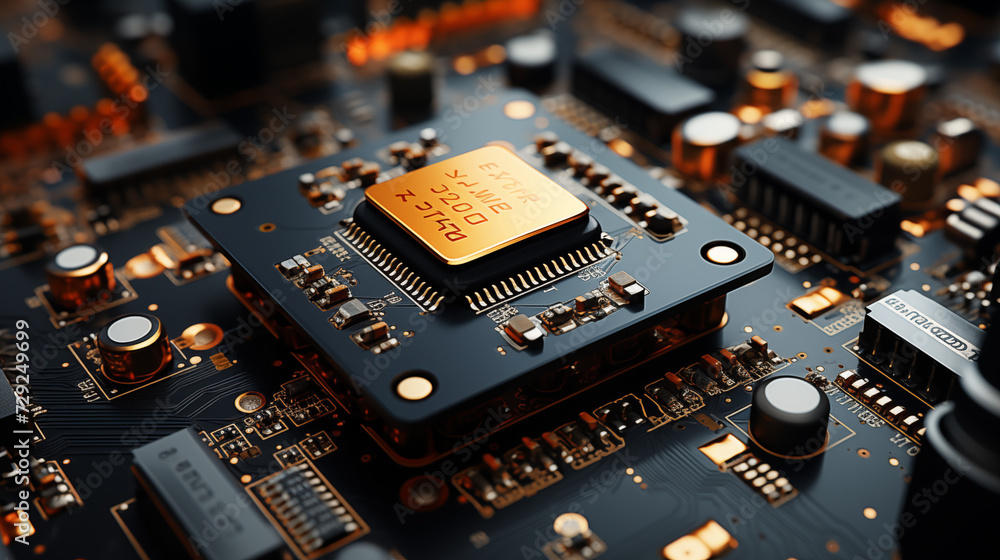 Aufkleber circuit board background. cpu chip on motherboard. abstract 3d render of a processor computer chip o