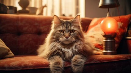Cute cat indoors in a blurry living room background. A ginger cat is sitting on the floor in a cozy living room. Interior decor
