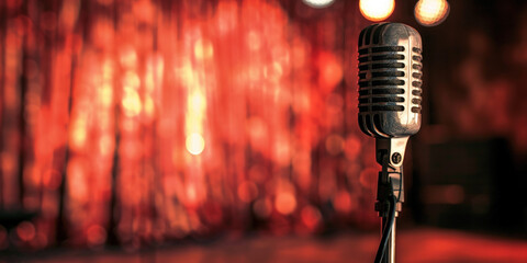 Theatre cabaret comedy show opera music concert club standup scene. Beginning of the show adult entertainment advertisement. Close up stage vintage microphone on bar stage, copy paste place for text