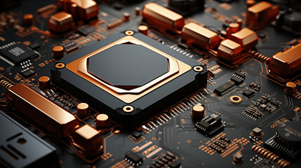 Fototapeta premium Circuit board background. Electronic circuit board close up. CPU chip on Motherboard. Abstract 3D render of a processor computer chip on a circuit board with microchips and other computer parts. 