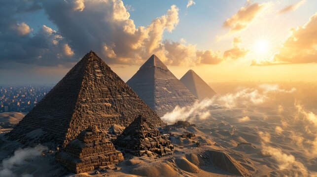 Grand pyramids, drone's perspective, sun on horizon, vast sandy terrain, immersive and detailed sunset over Egyp Generative AI