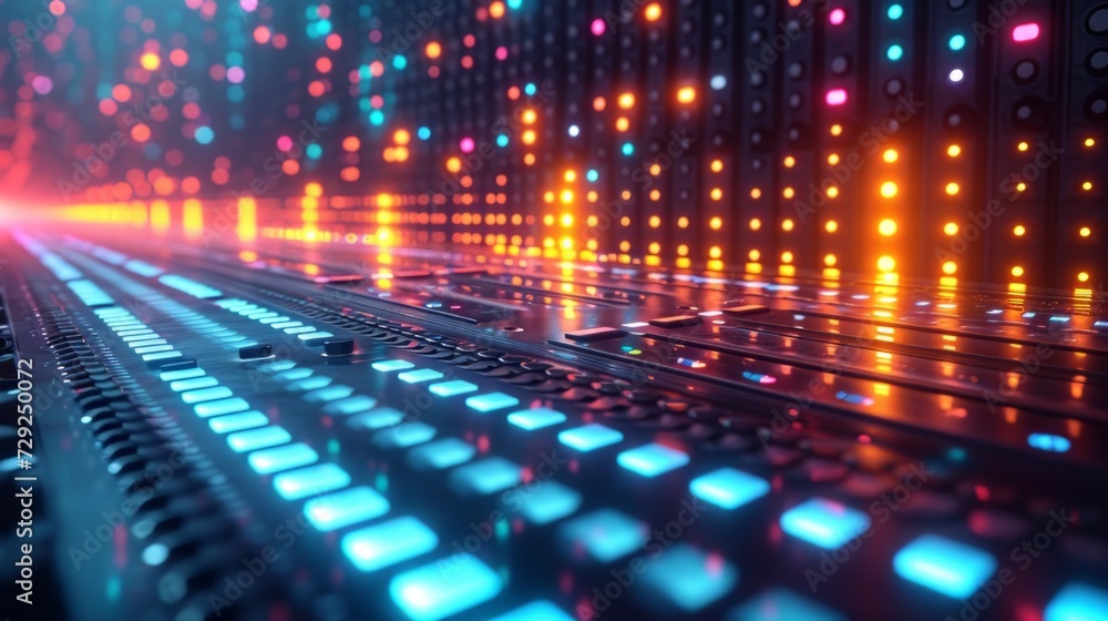Poster graphic equalizer with rows of luminous indicator lights flickering and dancing to the beat, generat