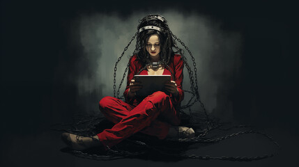 Illustration of a lonely person chained to new technologies, symbolizing addiction to screens and the danger of the internet - obrazy, fototapety, plakaty