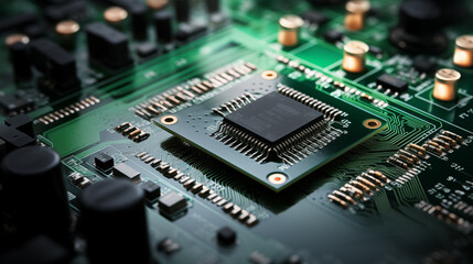 Fototapeta na wymiar Electronic circuit board close up. CPU chip on Motherboard. Abstract 3D render of a processor computer chip on a cicuit board with microchips and other computer parts. Circuit board background