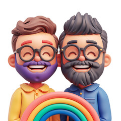 3D Illustration Render of Love Pride Symbol: Simple Cartoon Character of a Happy Gay Couple, LGBT Couple, Isolated on Transparent Background, PNG