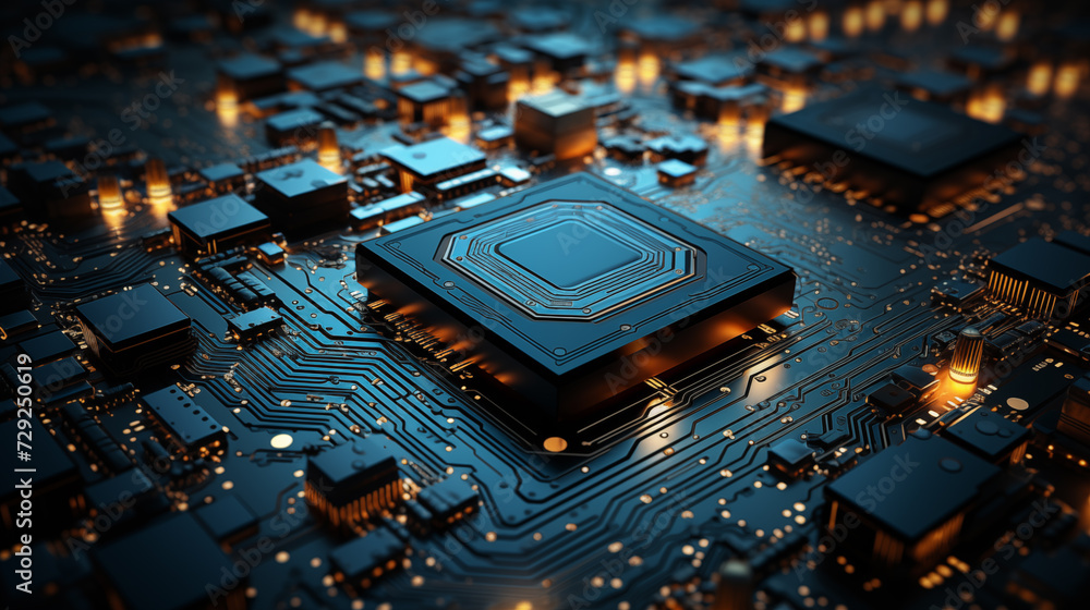 Poster close-up of electronic circuit board pcb with components: processor, microchip, integrated circuits,