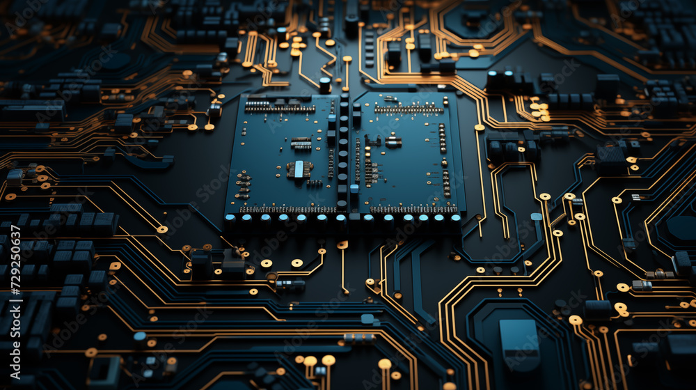 Poster close-up of electronic circuit board pcb with components: processor, microchip, integrated circuits,