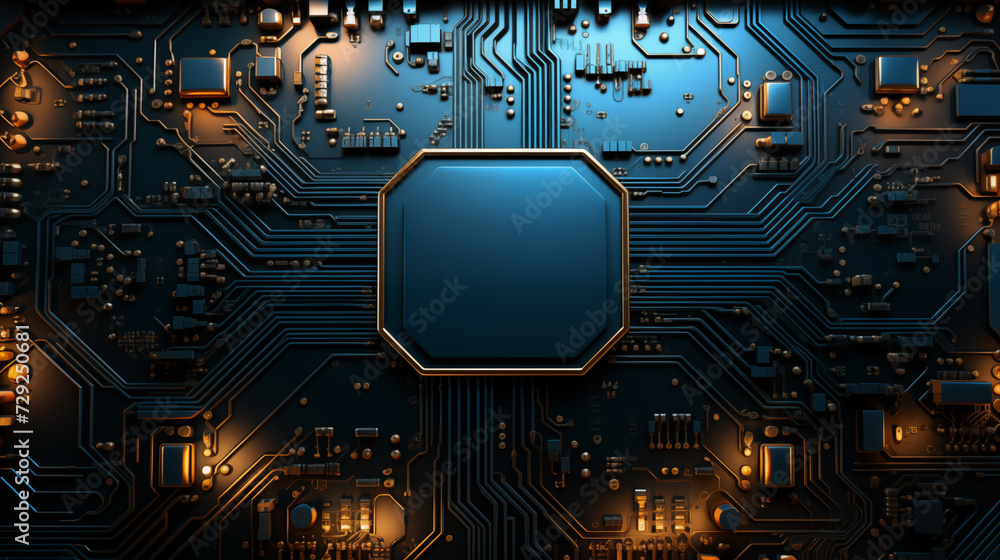 Poster close-up of electronic circuit board pcb with components: processor, microchip, integrated circuits,