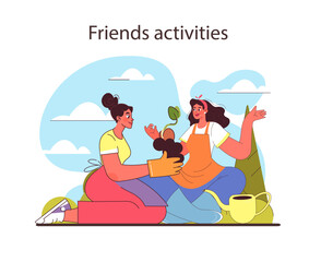 Friends activities concept. Enjoying a peaceful gardening session together. Nurturing plants and friendship with care and laughter. Harmonious connection with nature. Flat vector illustration.