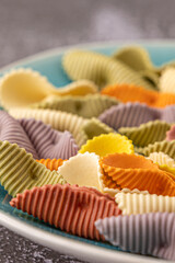 Colorful pasta background. Top view of five colors pasta shells .Heap of colorful spiral pasta,macaroni texture.