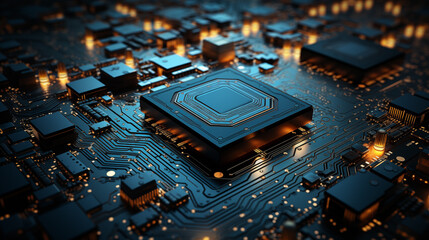 Close-up of electronic circuit board PCB with components: processor, microchip, integrated circuits, capacitors, resistances and electronic connections are noted. High-quality macro photography.  - obrazy, fototapety, plakaty
