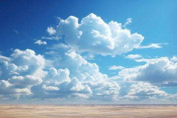 Serene Blue Sky: A Fluffy Cloudscape in a Bright Summer Day, Offering a Scenic View of the High, White Cumulus Clouds Floating in the Clear Atmosphere.