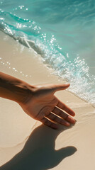Woman's hand touches calm blue ocean against backdrop of white sand. Vacation concept in harmony. Generative AI