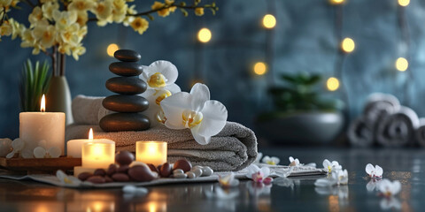 Skincare, spa, health and massage or relaxation concept. Candle, spa and relax with natural aromatherapy treatment in a room for luxury or wellness on dark table