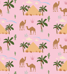 Palm Camel Pyramid Cactus Vector Seamless
Cute Camels with Cactus Seamless Pattern Good for Fabric Textile Vector Elements Desert Landscape Camels Cloud Cactus Seamless Pattern Vector Illustration