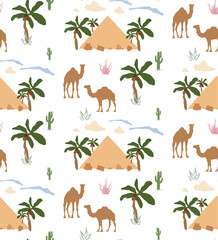 Palm Camel Pyramid Cactus Vector Seamless
Cute Camels with Cactus Seamless Pattern Good for Fabric Textile Vector Elements Desert Landscape Camels Cloud Cactus Seamless Pattern Vector Illustration