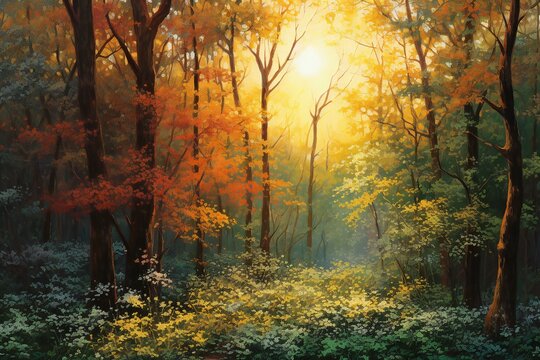 Beautiful autumn landscape with foggy forest and bright sunbeams