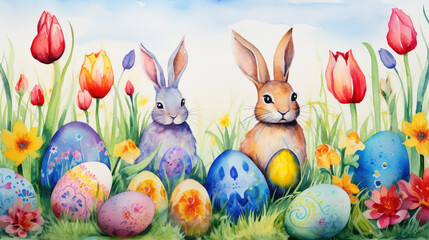 Easter postcard concept. Cute fluffy bunnies in watercolor style with flowers, colorful eggs on the light background. Vibrant banner
