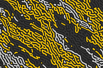 A pattern featuring an intricate organic maze, with lines and shapes reminiscent of natural biological structures in a vibrant retro-inspired color scheme